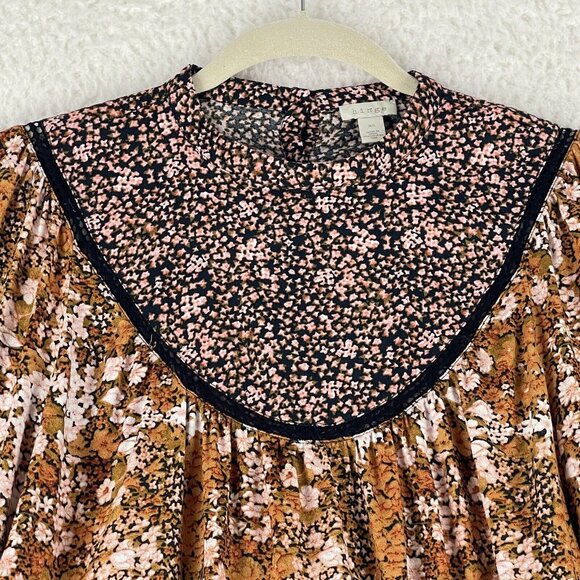 Hinge Brown Floral Mix Print Shirt Womens Prairie Chic High Neck Size XS - Picture 3 of 13